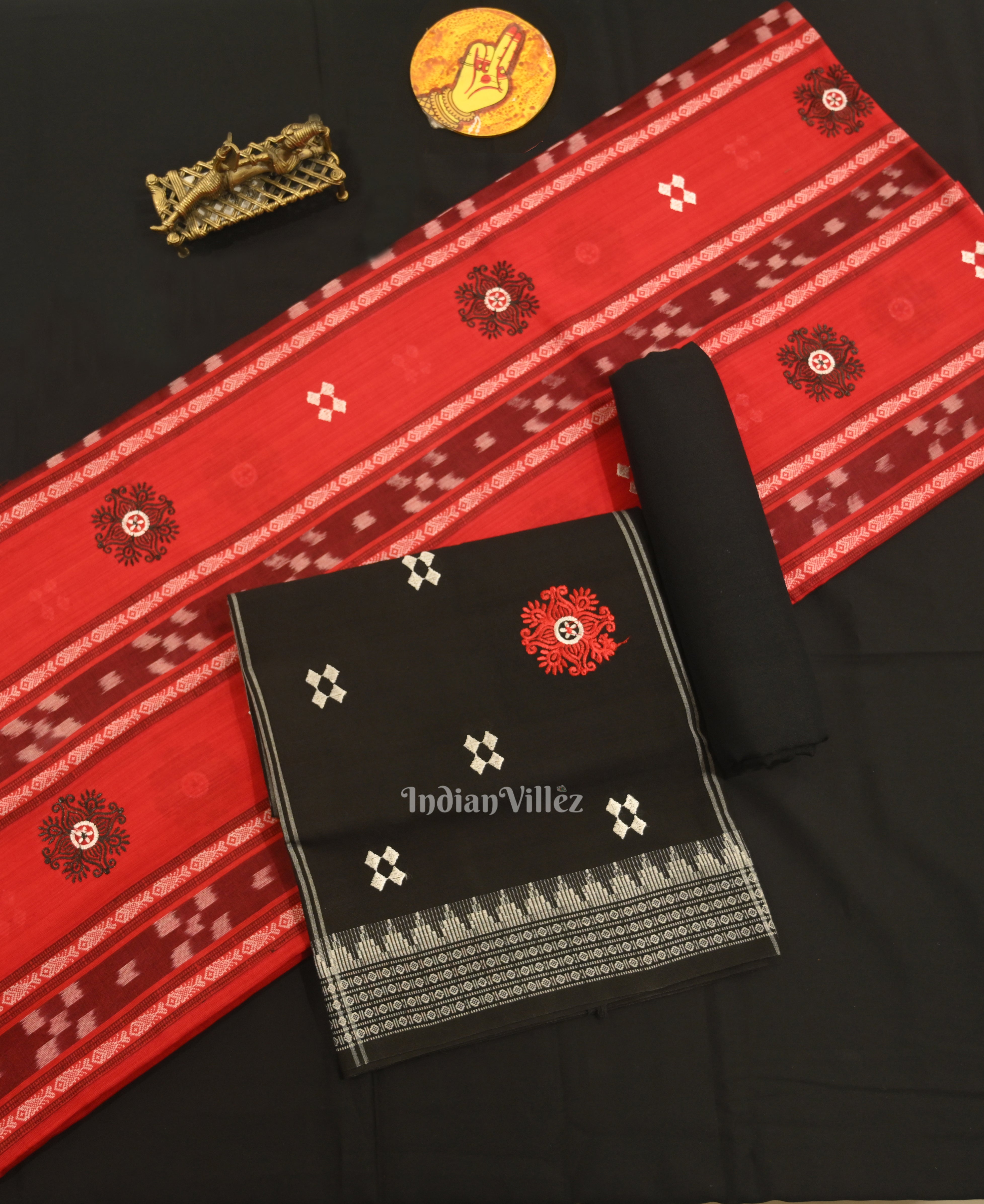 IndianVillèz Red with Black Floral Buti Odisha Ikat Sambalpuri Dress Material & Dupatta