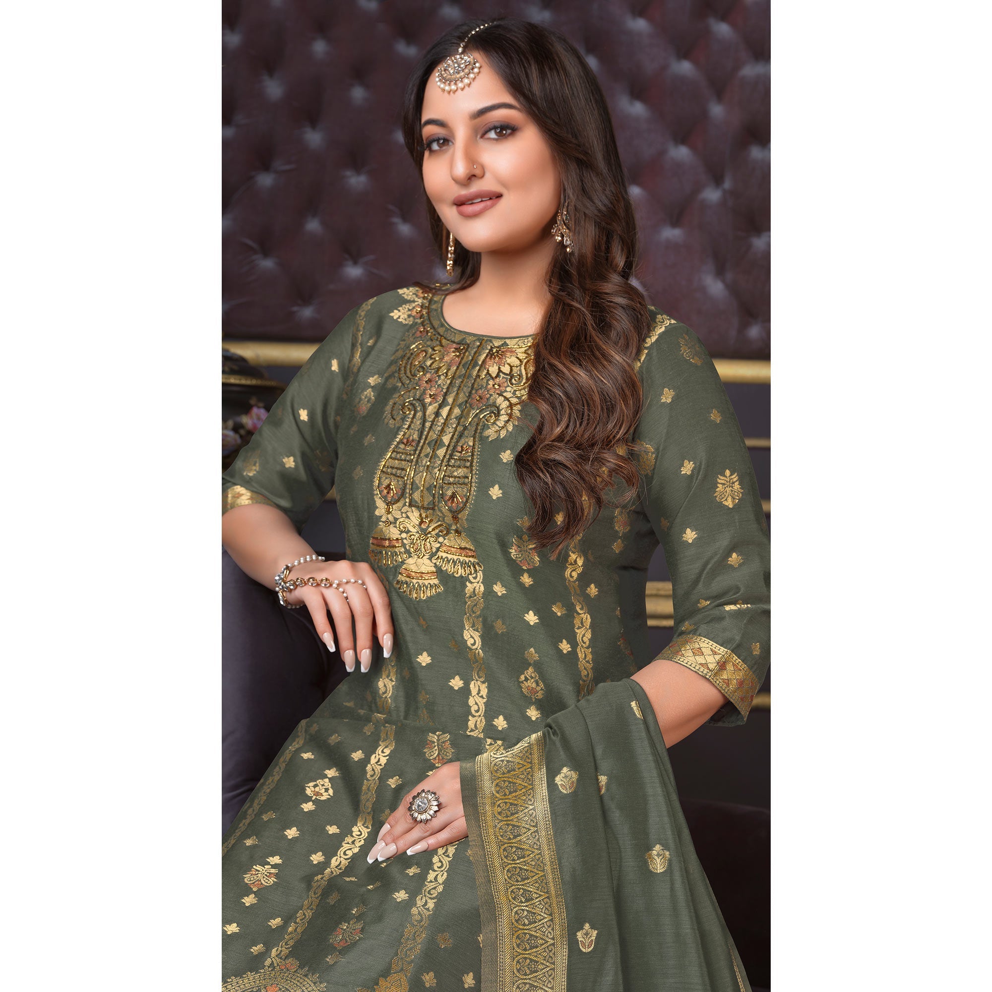 Peachmode Grey Woven Banarasi Silk Salwar Suit - view 4