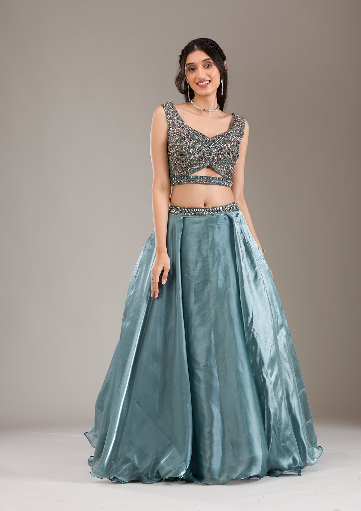 Koskii Sea Green Cutdana Organza Readymade Lehenga - view 5