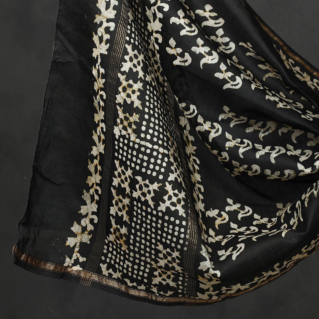 BATIK BY MD. SHARIFF Black - 3pc Chanderi Silk Hand Batik Print Dress Material - view 4