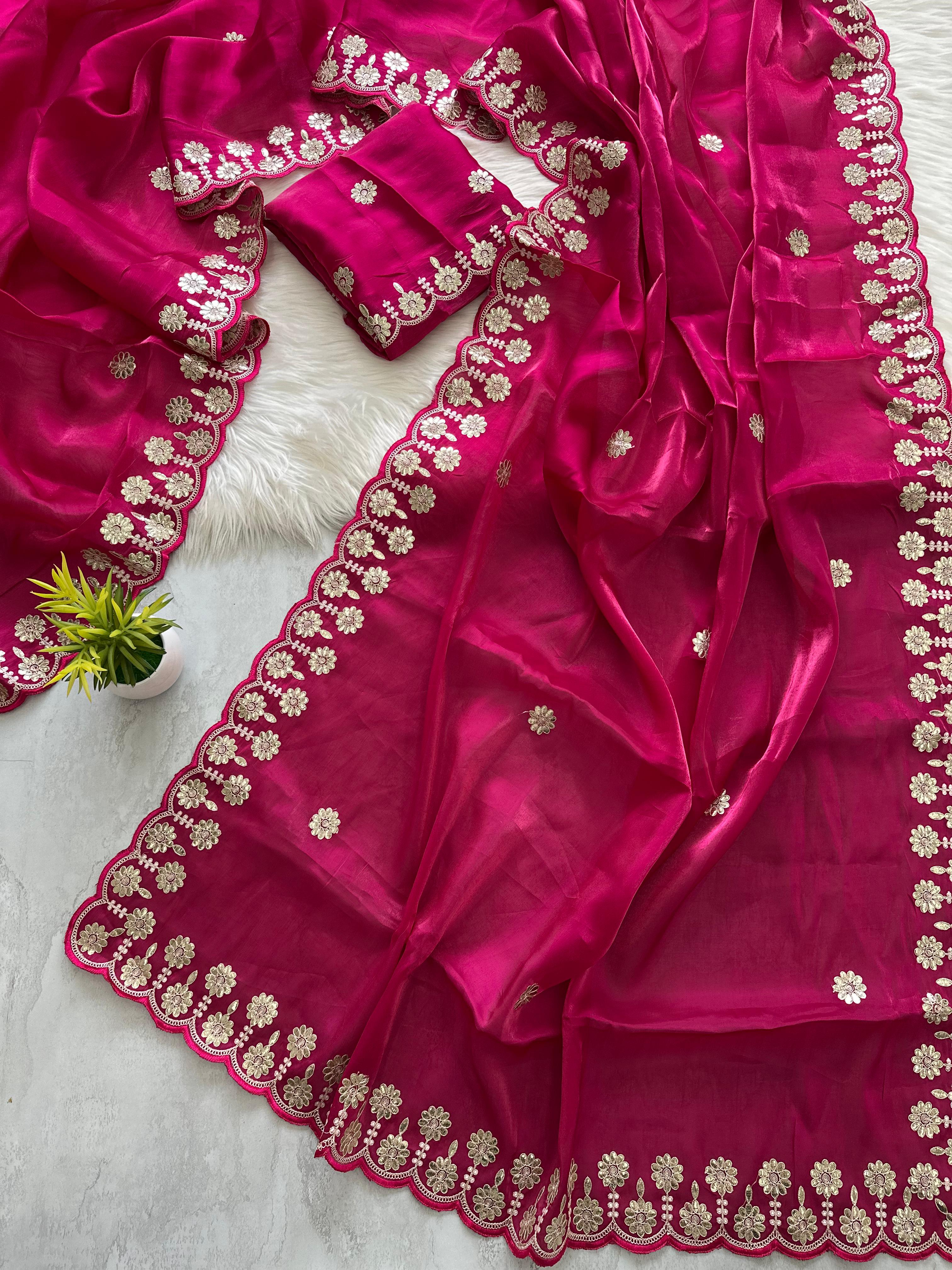 ClothsVilla Magenta Jimmy Choo Saree with Beautiful Jaipuri Gota Work – Complete with Matching Running Blouse - view 3