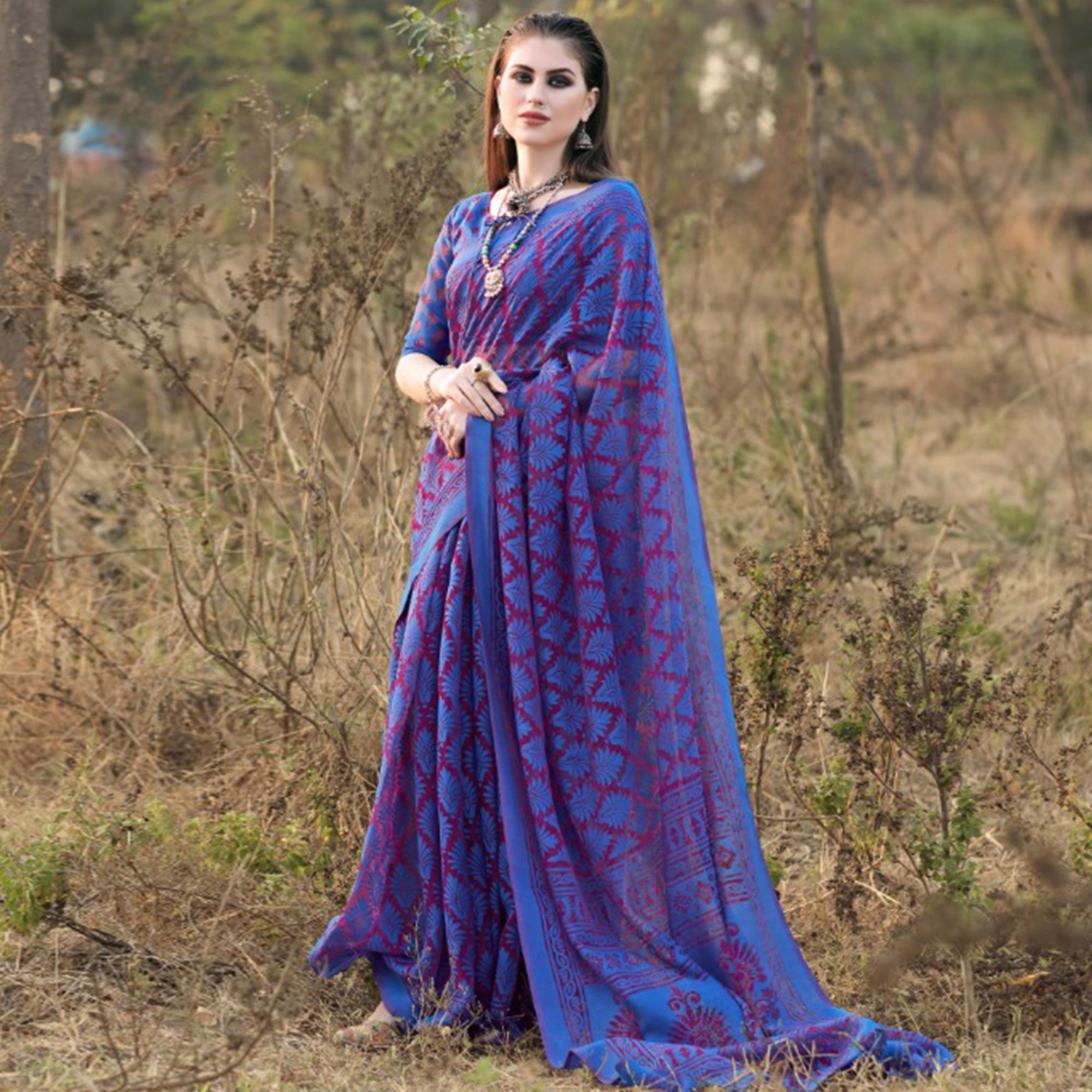 Peachmode Elegant Blue Colored Casual Wear Printed Brasso Saree