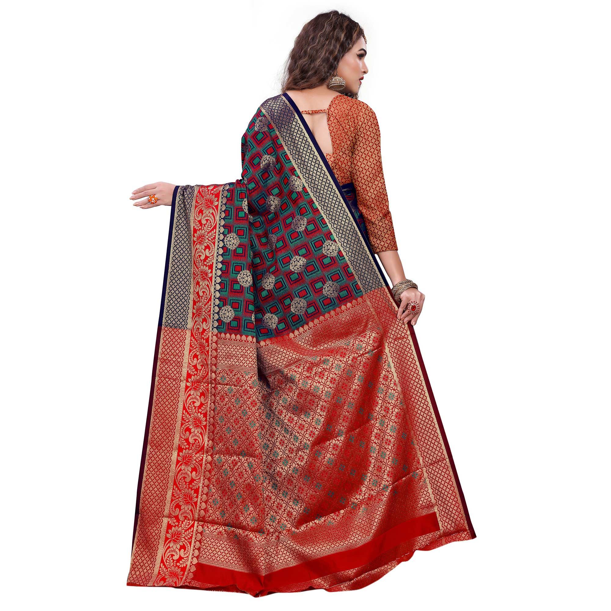BlackTree glowing-navy-blue-red-colored-festive-wear-woven-cotton-silk-jacquard-saree-45022 - view 4