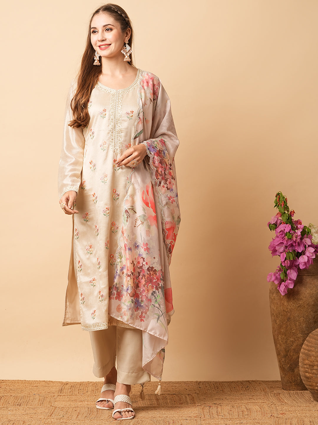 Fashor Solid Resham & Sequins Embroidered Kurta with Pants & Floral Dupatta - Beige