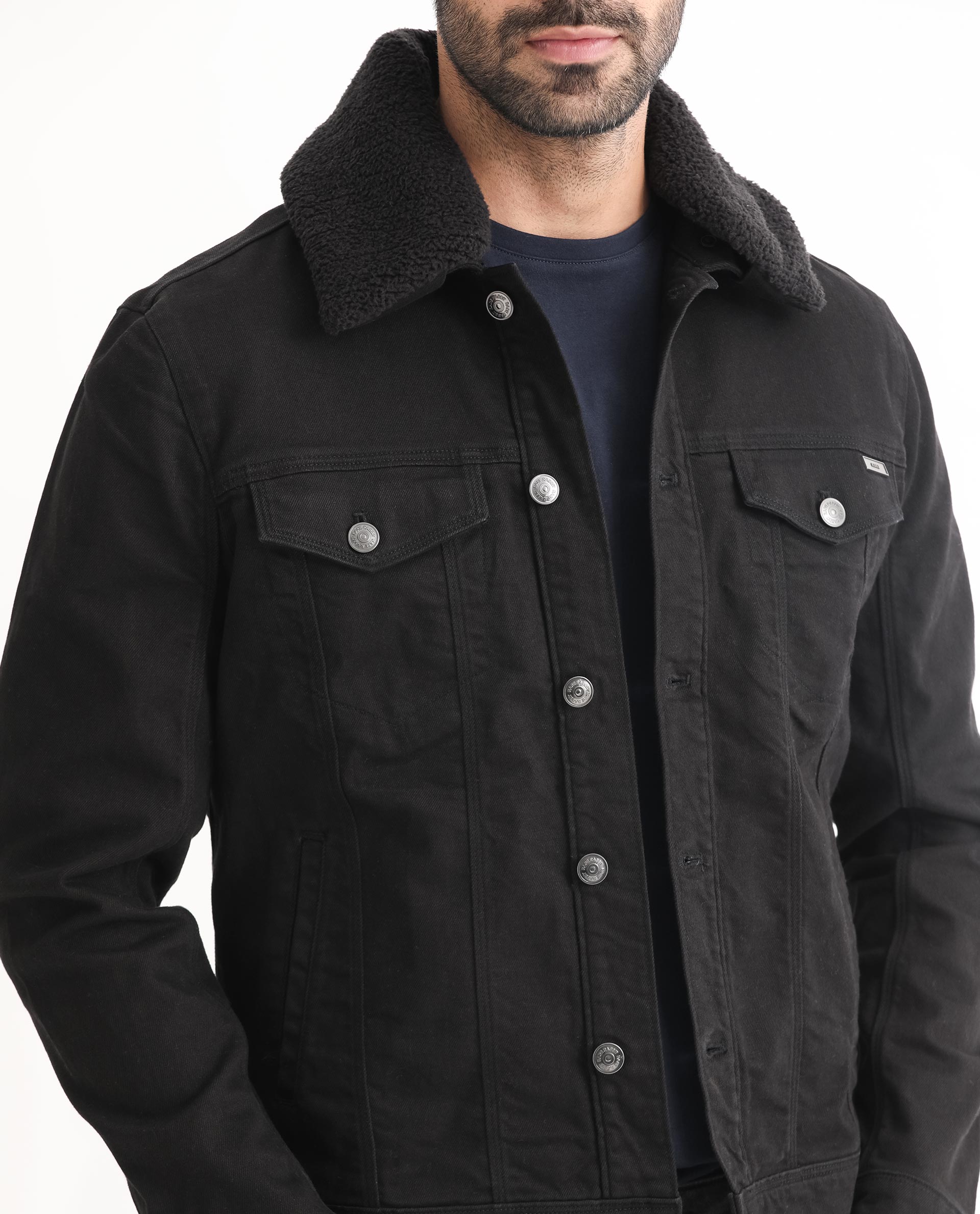 Rare Rabbit Men's Rubik Black Fleece Collar Rinse Wash Denim Trucker - view 7