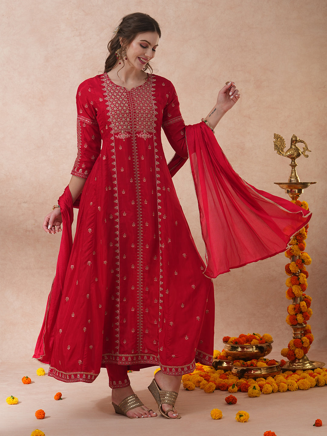 FASHOR Solid Ethnic Embroidered Anarkali Flared Kurta with Pant & Dupatta - Red - view 3