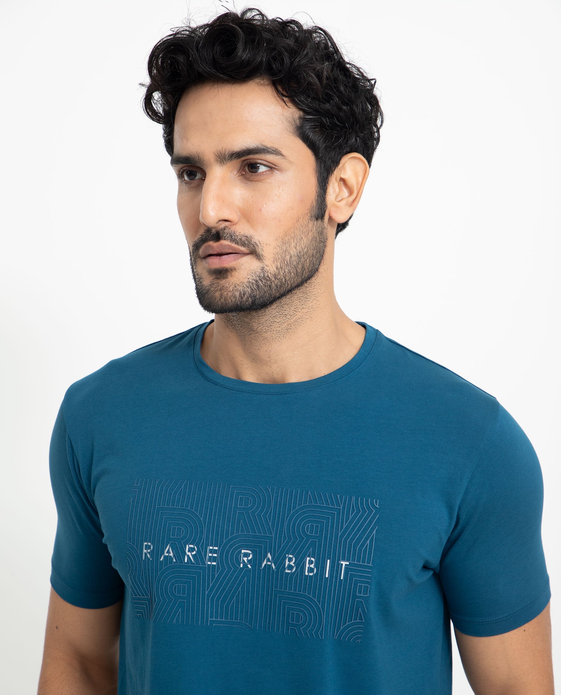 Rare Rabbit Men's Alanet Teal Crew Neck Foil HD Print Branding Half Sleeves Regular Fit T-Shirt - view 2