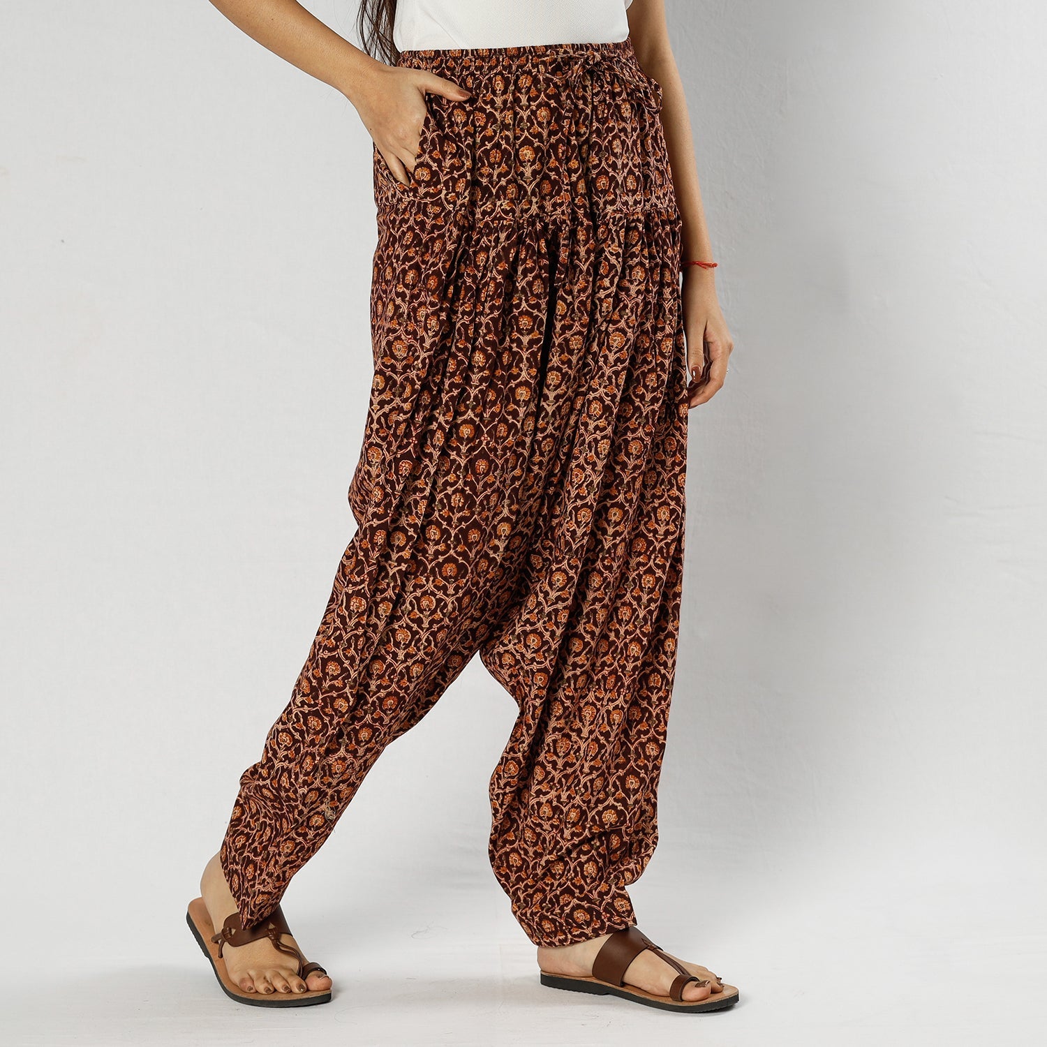 ITOKRI CASUALS Brown - Pedana Kalamkari Block Printing Cotton Elasticated Salwar