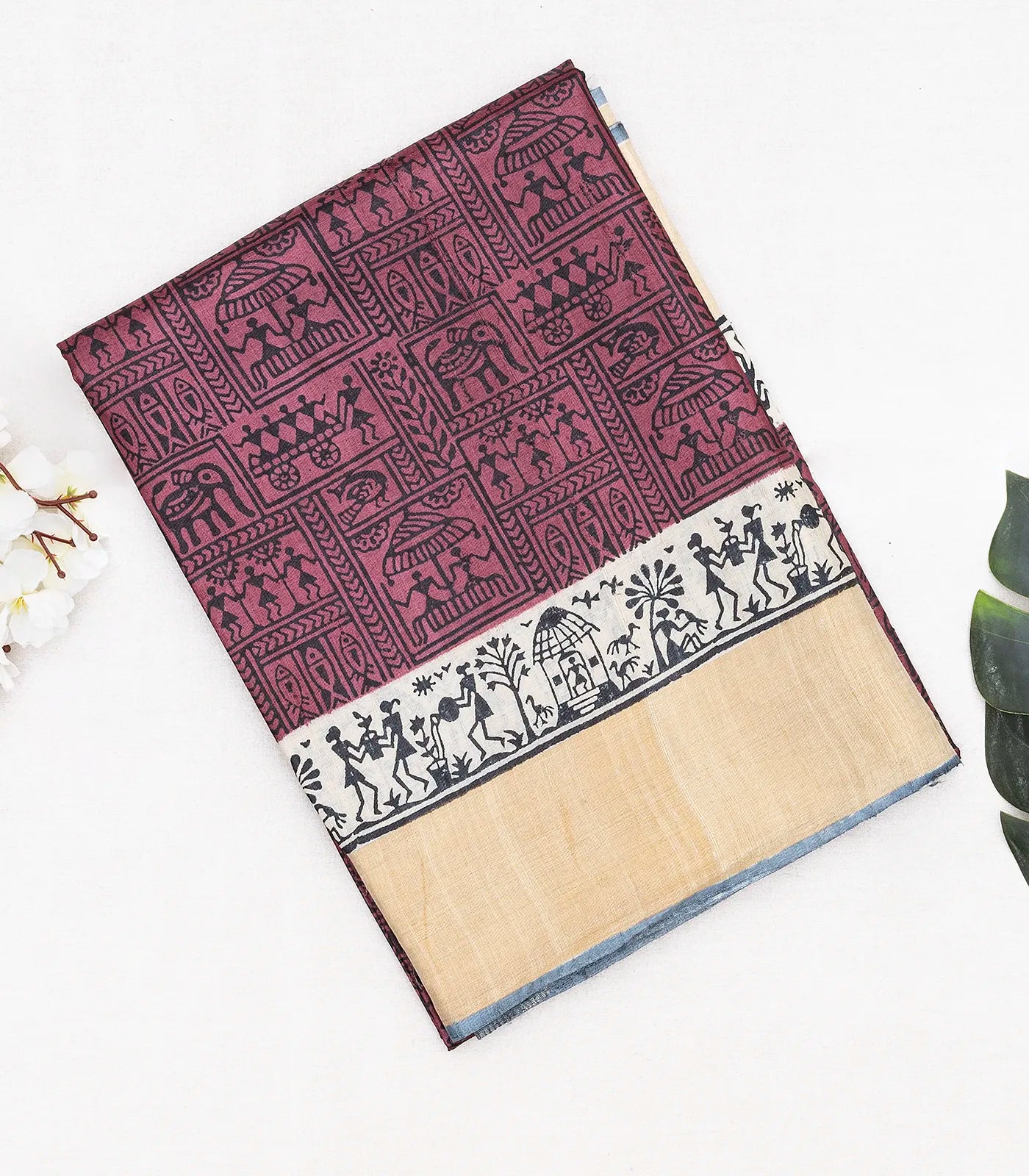 RmKV Chestnut Pink Handloom Tussar Silk Saree With Printed Tribal Motifs-Chestnut Pink