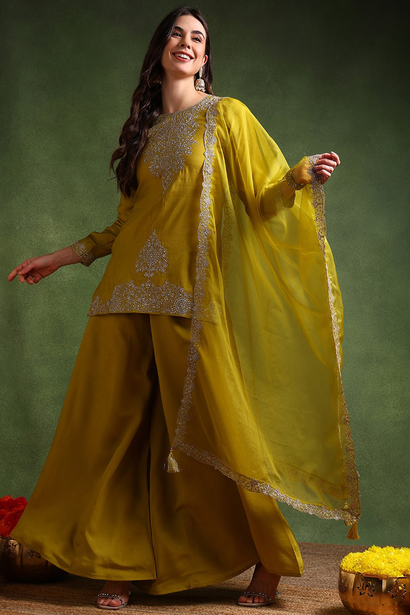 Ahika Lime Green Silk Blend Embroidered Straight Palazzo Suit Set PKSKD2609 - view 3
