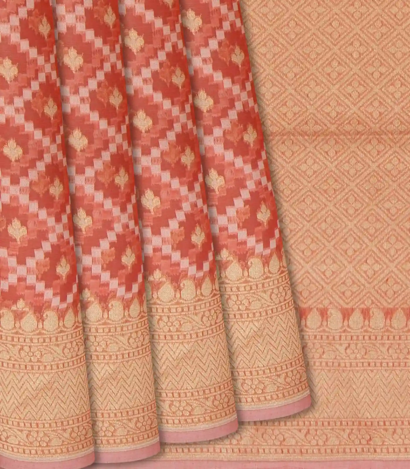 RmKV Peach Blended Banarasi Cotton Saree With Floral Motifs-Peach