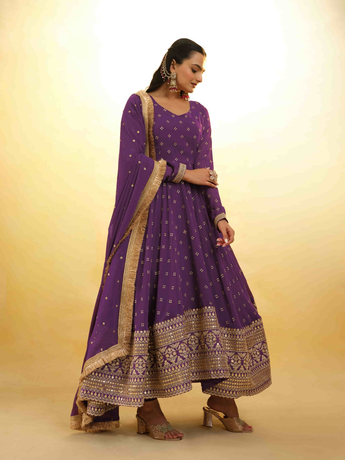 ClothsVilla Purple Georgette Suit with Embroidery and Shantoon Bottom - view 3