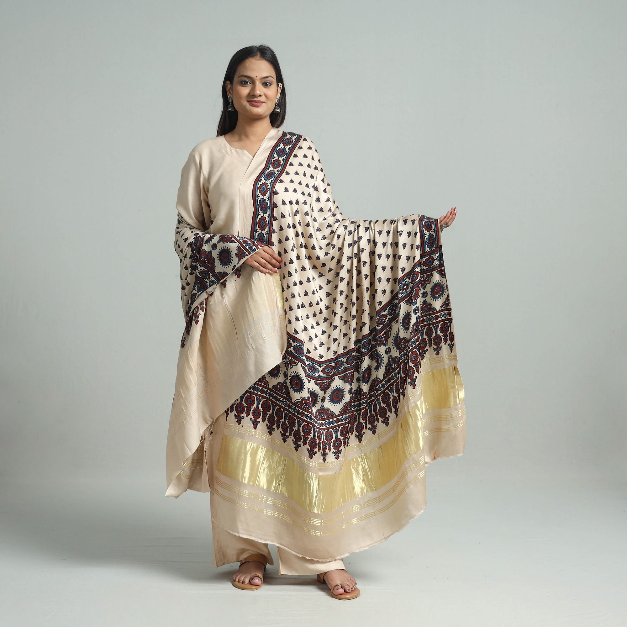 KACHCHH JI CHHAAP Beige - Modal Silk Block Print Ajrakh Dupatta 02