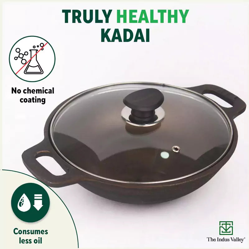 The Indus Valley Super Smooth Cast Iron Kadai (Wok)+ Glass Lid, Pre-seasoned, Nonstick, 100% Pure,Toxin-free, 25.4cm, 2.5L, 2.4kg - view 4