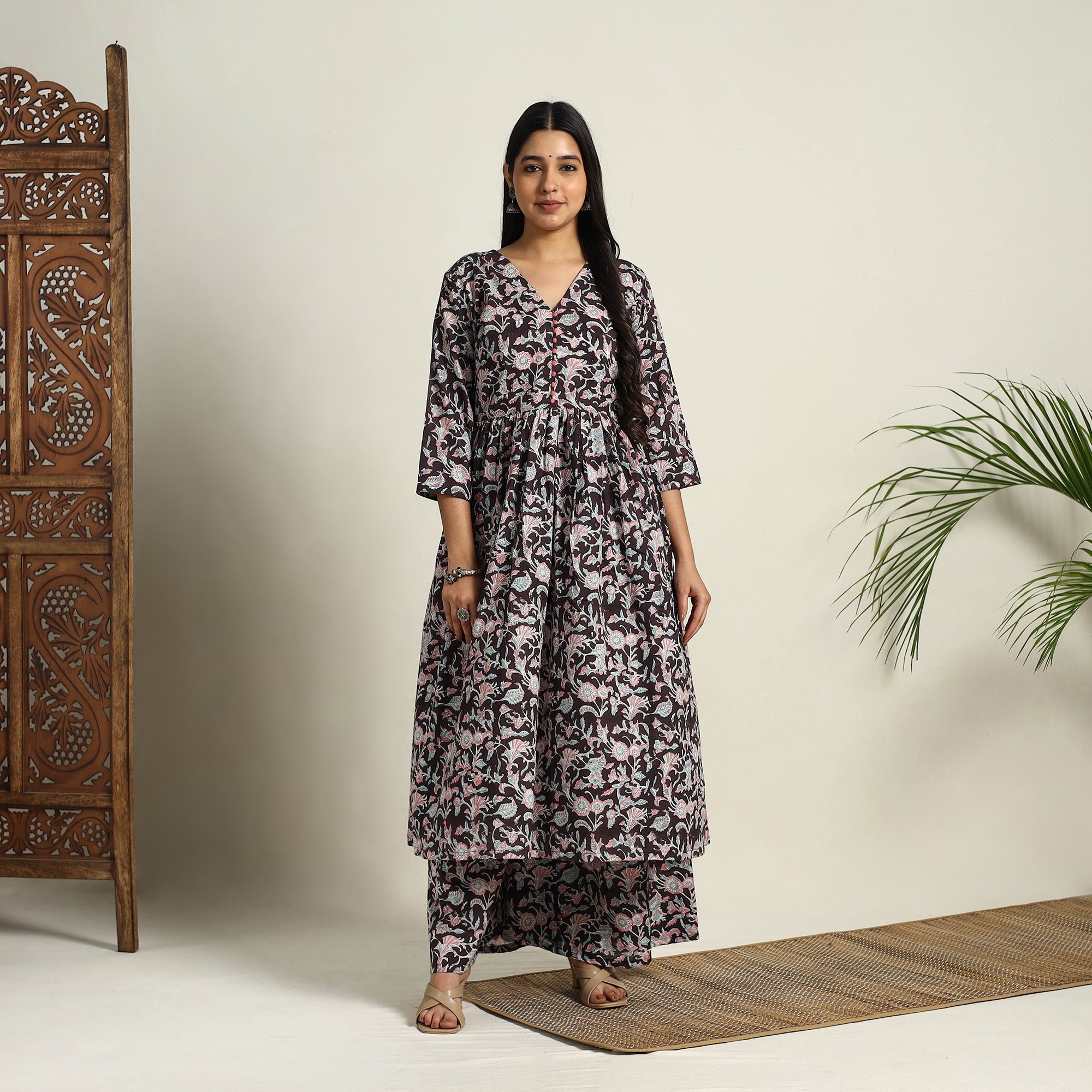 ITOKRI CASUALS Black - Block Print Cotton Flared Sanganeri Kurta Set 06