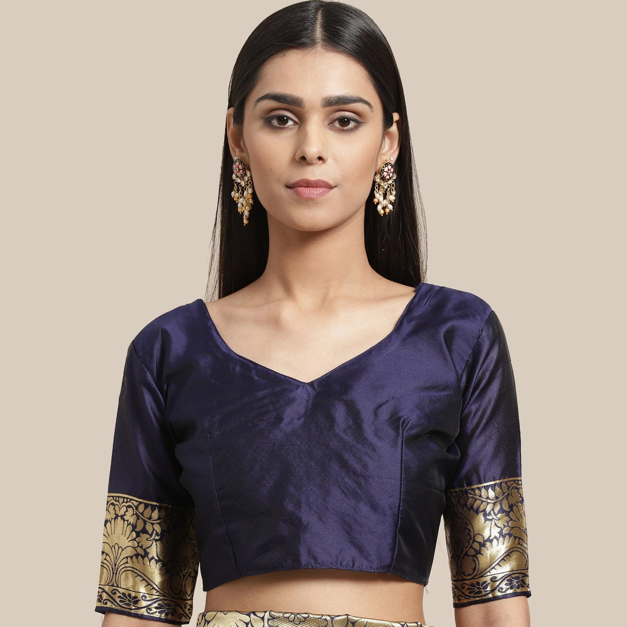 Peachmode Desirable Navy Blue Colored Festive Wear Woven Silk Blend Saree - view 3