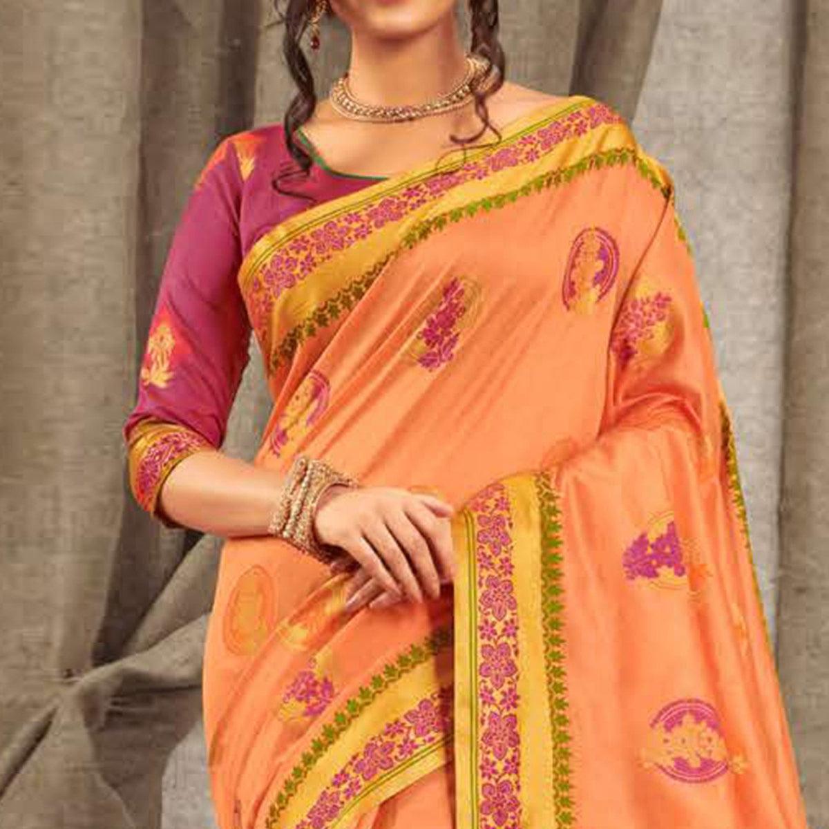Peachmode Jazzy Peach Colored Festive Wear Woven Cotton Handloom Saree - view 2