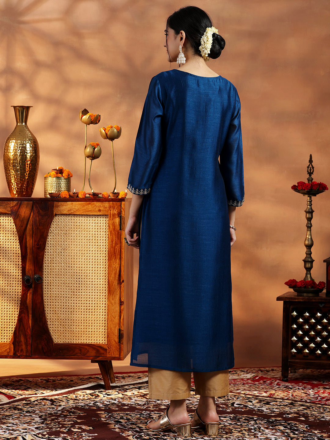 Libas Blue Embroidered Silk Straight Kurta - view 4