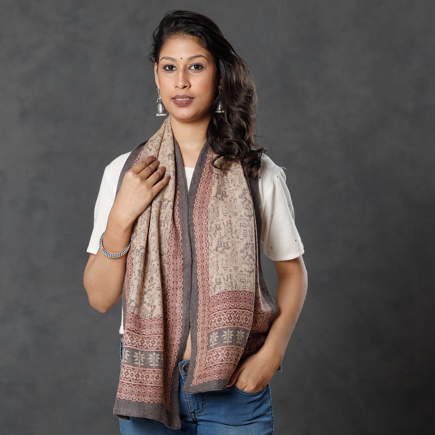 BAGH PRINTS BY MOHAMMED BILAL KHATRI Beige - Bagh Block Printed Natural Dyed Woolen Muffler (61 in)