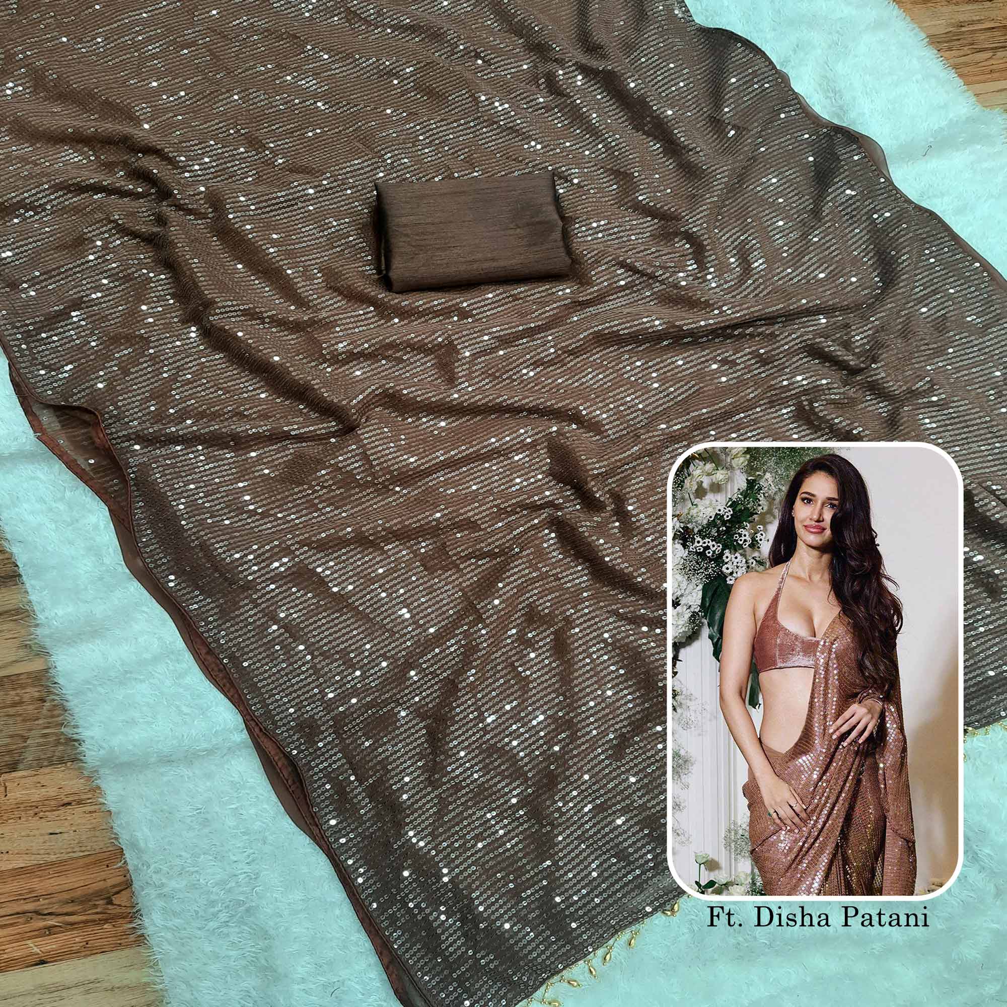 Peachmode Brown Sequins Embroidered Grorgette Saree