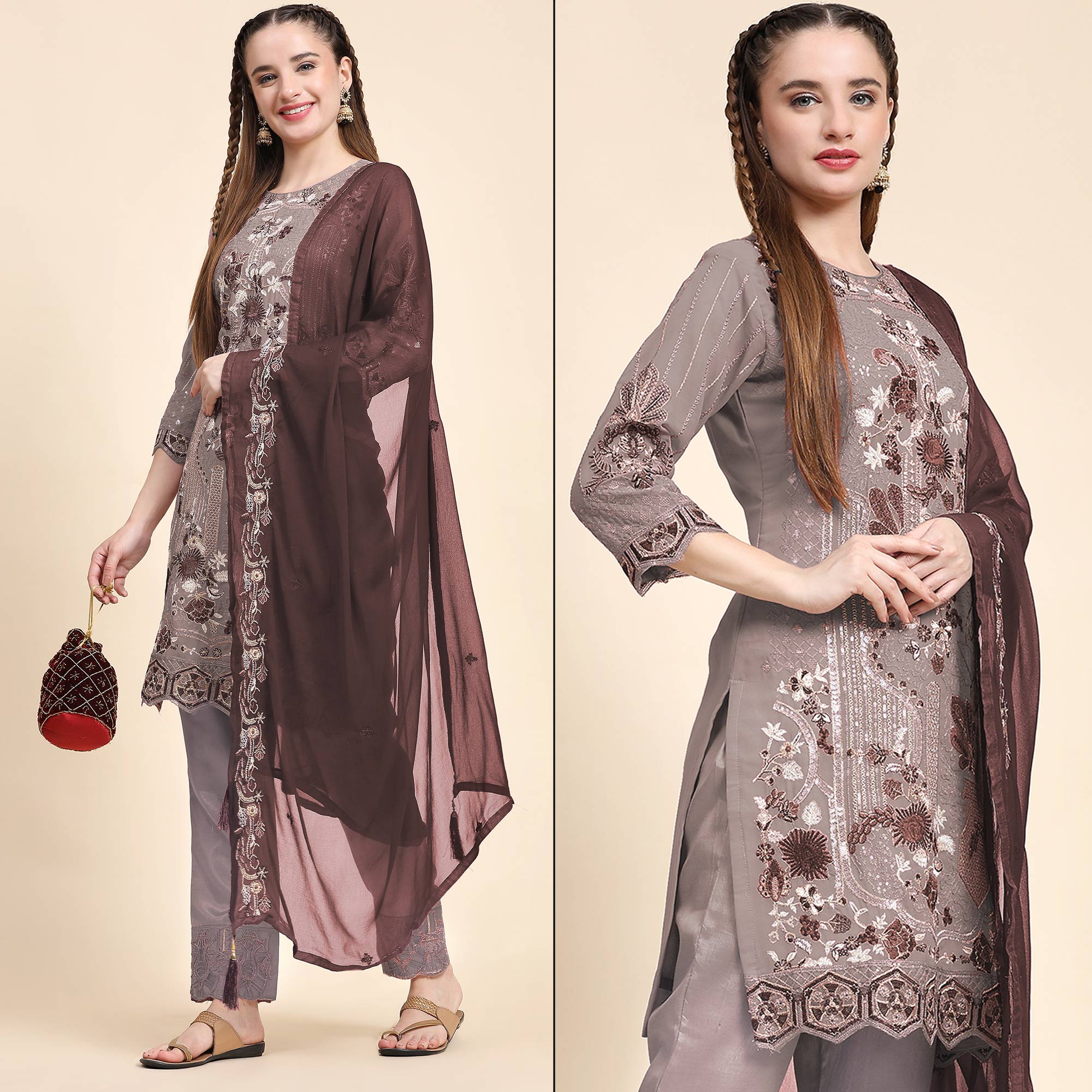 Peachmode Brown Floral Embroidered Georgette Semi Stitched Pakistani Suit