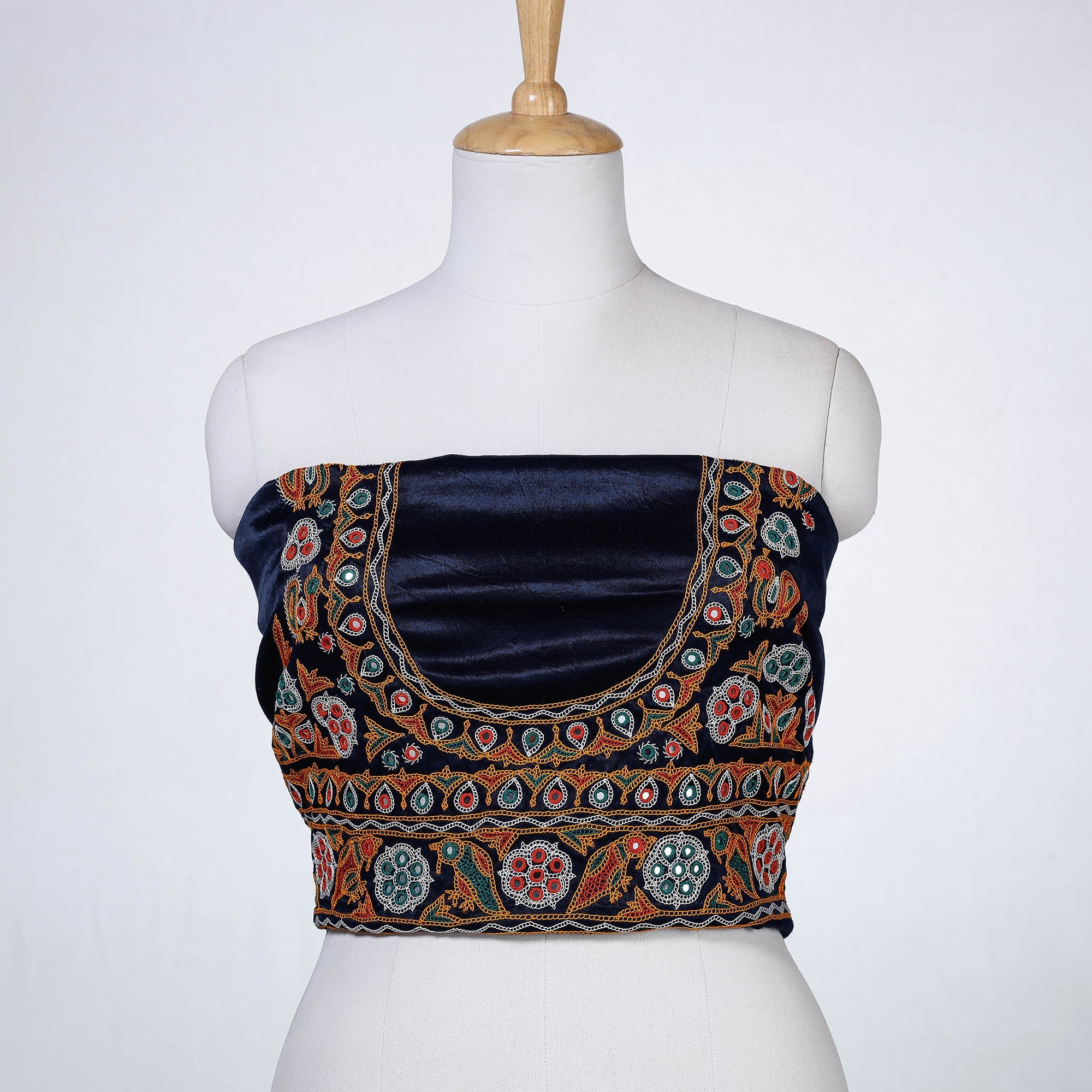 KACHCHH JI CHHAAP Blue - Ahir Hand Embroidery Kutch Mirror Work Mashru Silk Blouse Piece