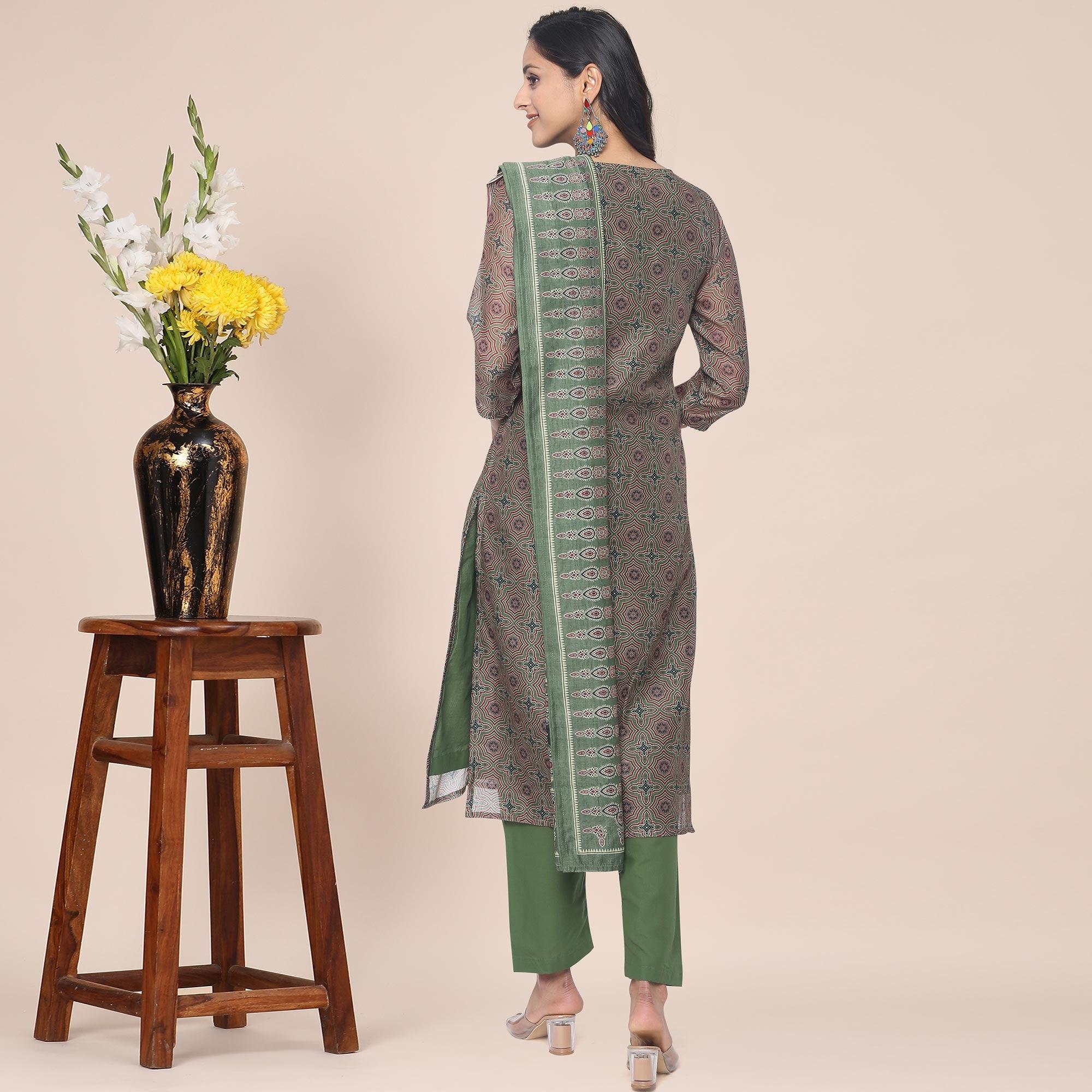 Peachmode Brown Partywear Printed With Gotta Patti cotton Kurti Pant Set With Dupatta - view 5