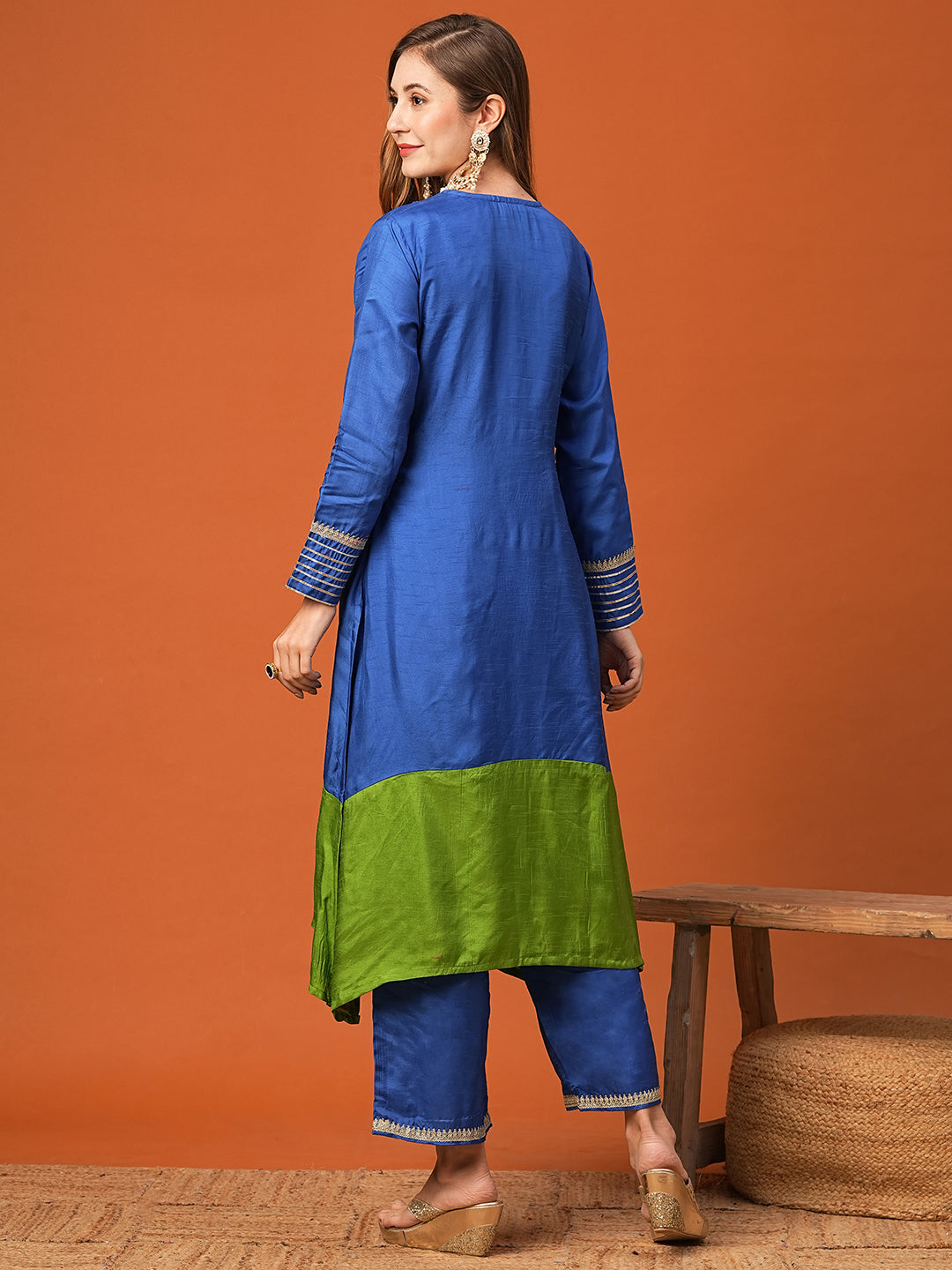 FASHOR Ethnic Zari Embroidered Colorblocked A-Line High-Low Kurta with Palazzo - Blue - view 6