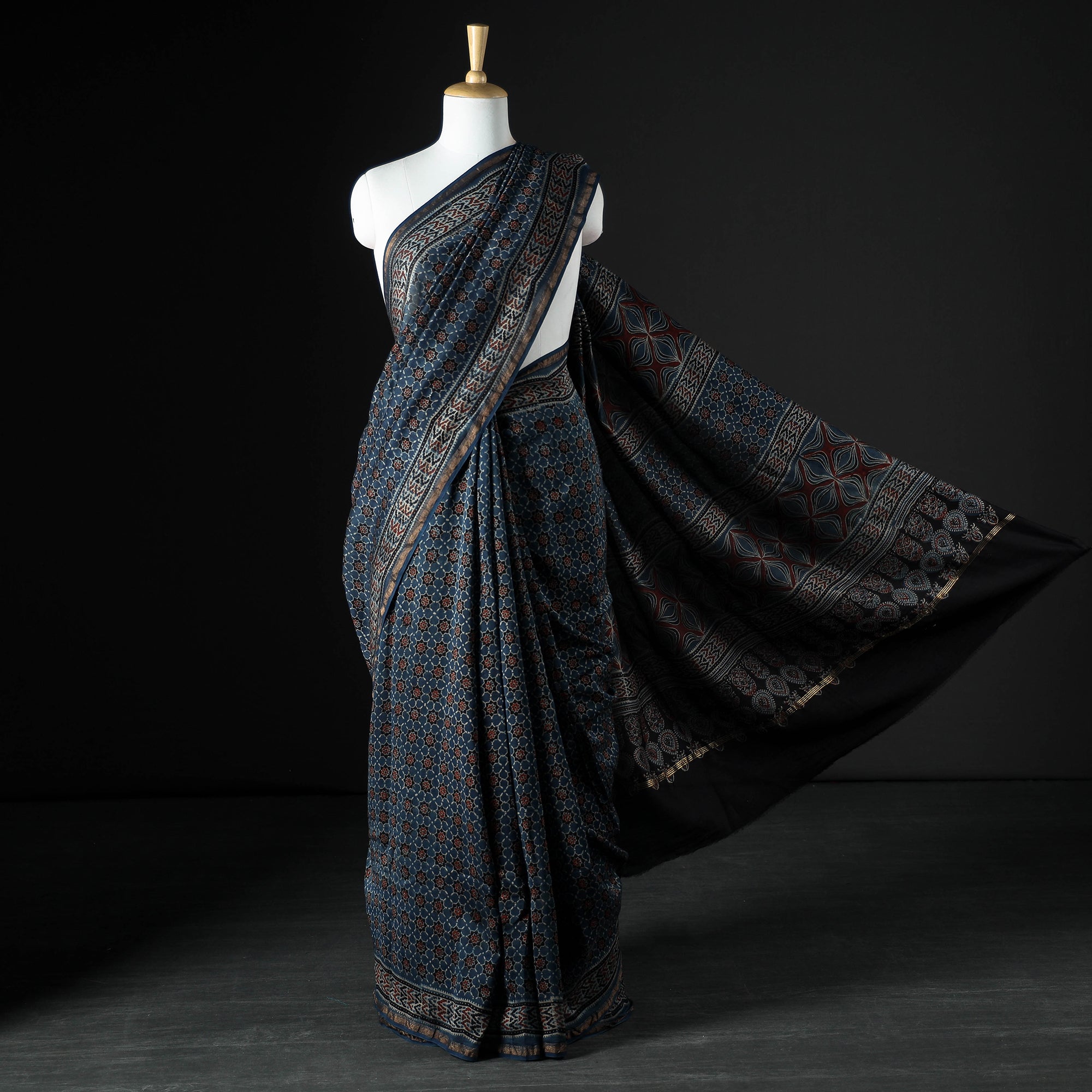 KACHCHH JI CHHAAP Blue - Ajrakh Block Printing Natural Dyed Chanderi Silk Zari Border Saree