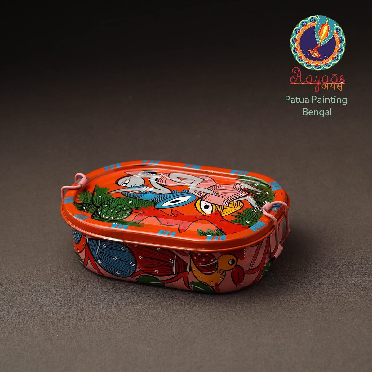 AAYAAS Bengal Patua Handpainted Stainless Steel Rectangle Lunch Box (6 x 4 in)