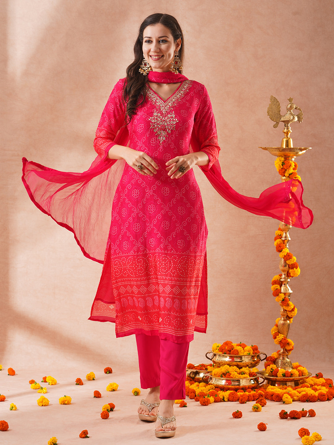 FASHOR Bandhani Printed & Embroidered Straight Fit Kurta with Pant & Dupatta - Pink