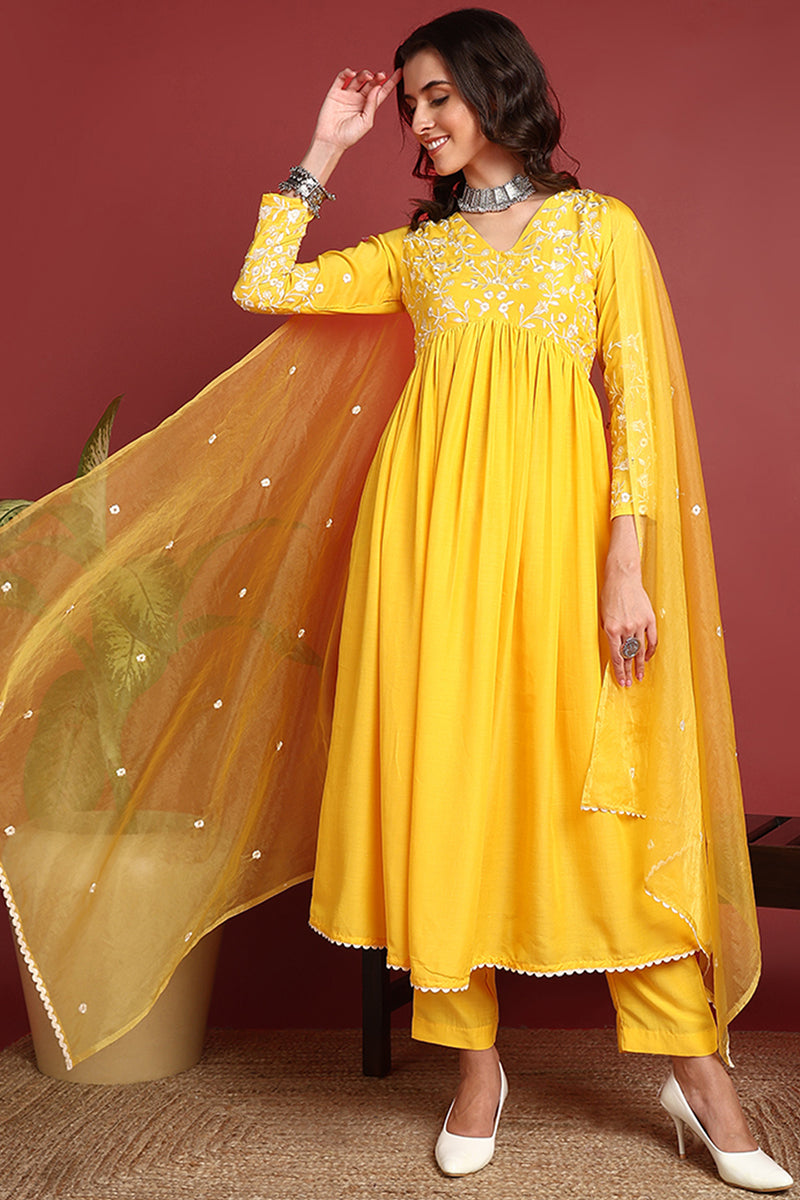 Ahika Yellow Cotton Blend Solid Embroidered A-Line Suit Set PKSKD2379 - view 4