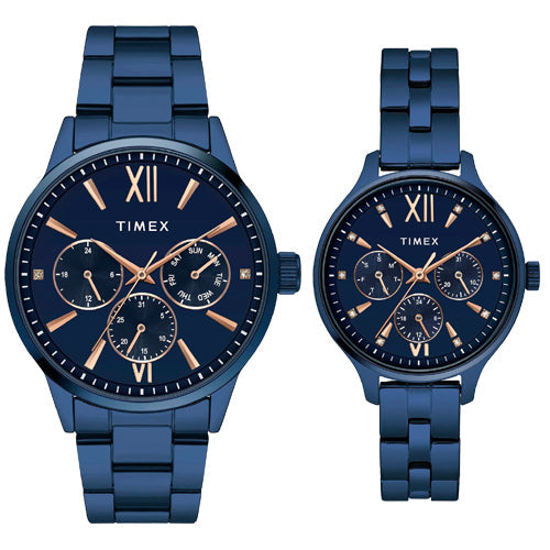 Timex Unisex Blue Round Dial Analog Pair Watches 44mm & 36mm TW00PR313