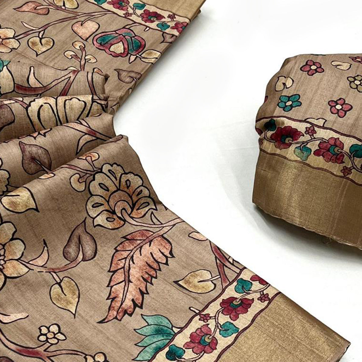 Peachmode Light Brown Floral Digital Printed Tussar Silk Saree - view 2