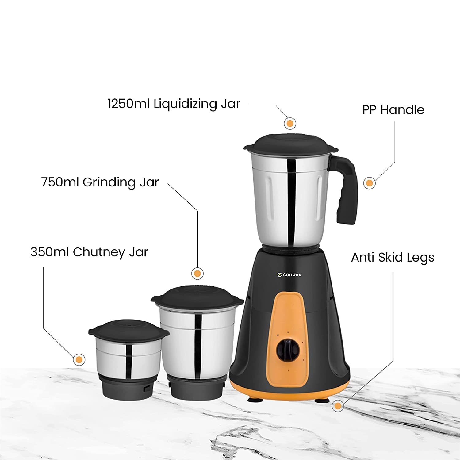 Candes MG154 Maple 550-Watt Mixer Grinder with 3 Jars (Powerful Motor and 2 Year Warranty Orange/Black) + Quick Hand Vegetables & Fruit Chopper Black, - view 4