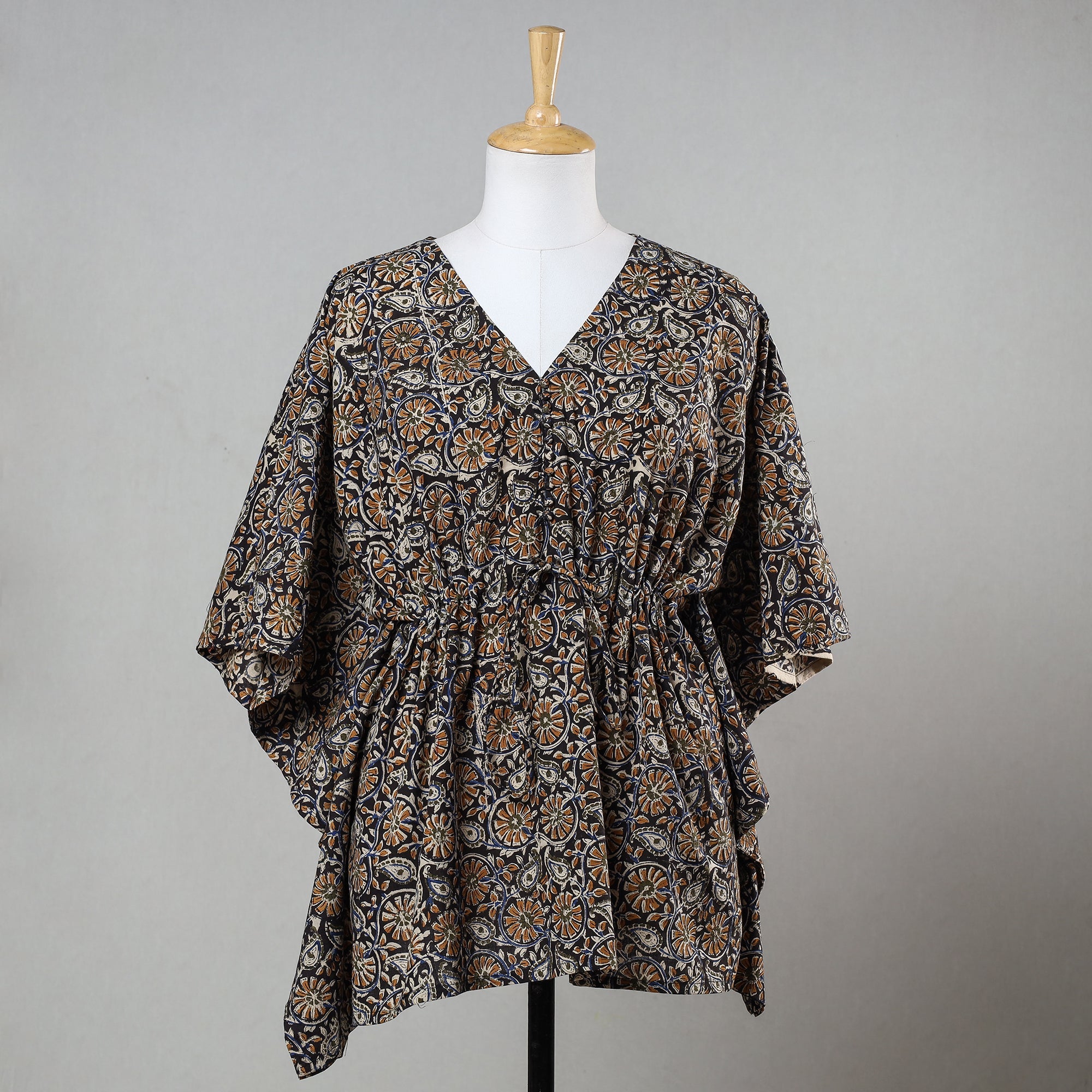 ITOKRI CASUALS Black - Bagru Block Printed Cotton Kaftan with Tie-Up Waist (Short)