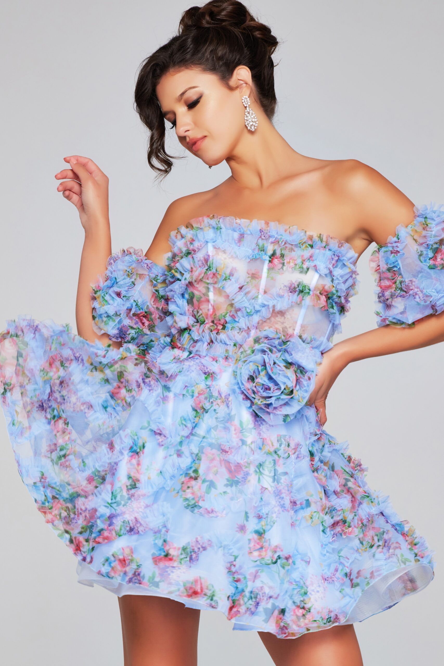 Print Short Off Shoulder Ruffled Dress by Jovani 42573 - view 3