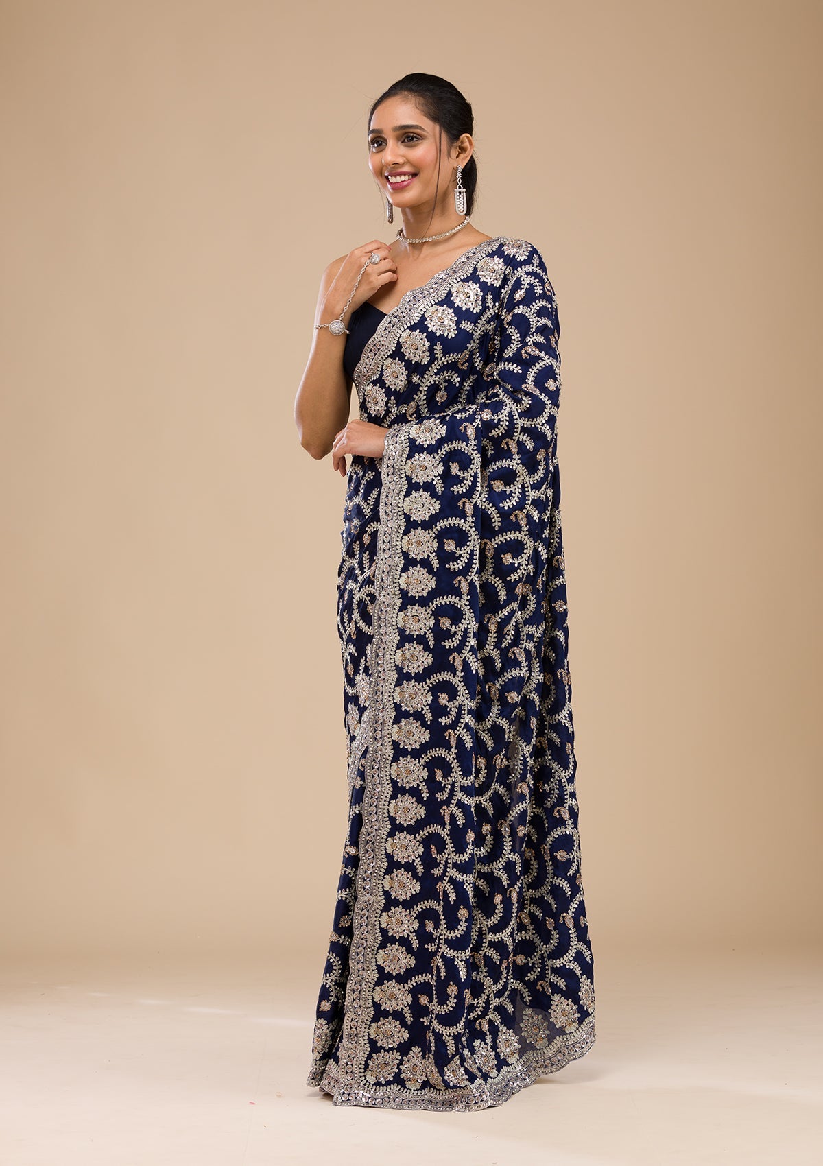 Koskii Navy Blue Zariwork Georgette Saree – Women's - view 4