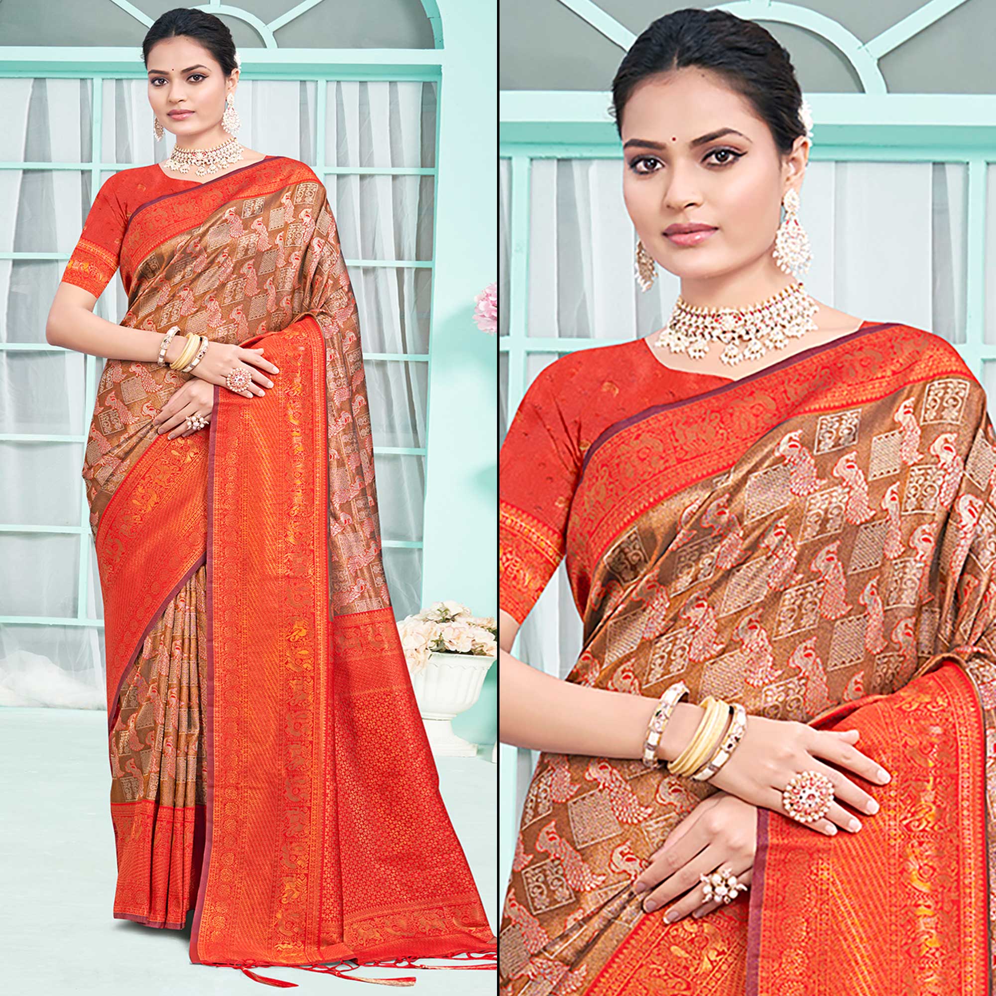 Peachmode Brown & Red Woven Cotton Silk Saree With Tassels