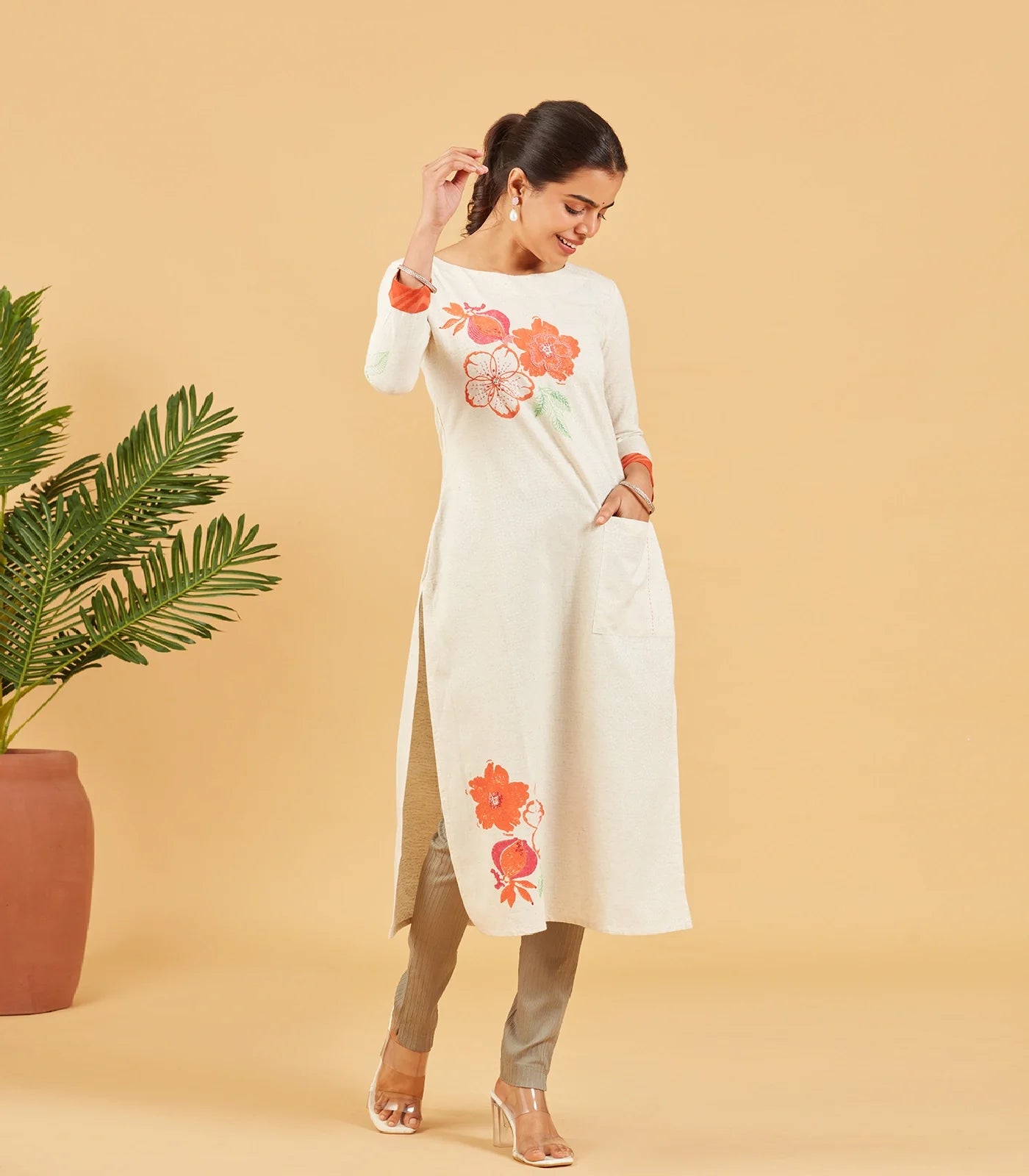 RmKV White Floral Printed Kurta