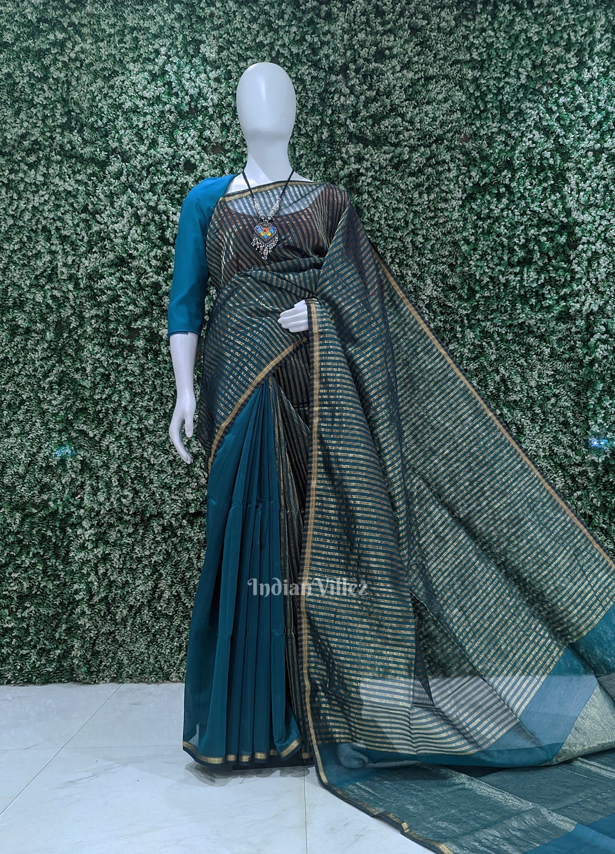 IndianVillèz Teal Blue Stripped Pure Silk Cotton Maheshwari Saree