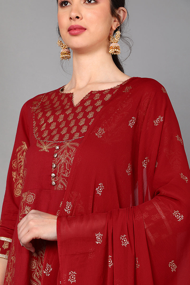 Ahika Red Cotton Straight Kurta Pant With Dupatta Set VKSKD1416 - view 2