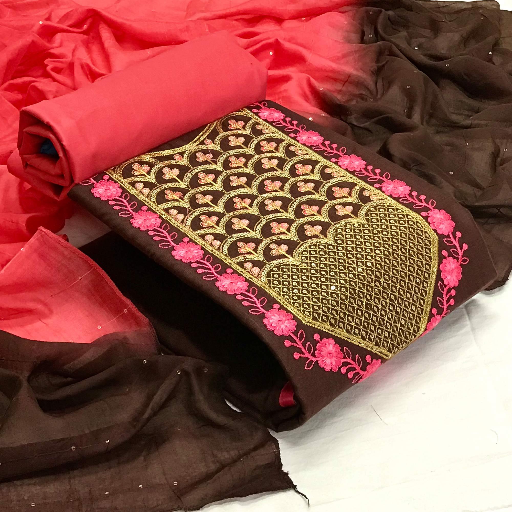 Peachmode Brown Embroidered With Embellished Cotton Blend Dress Material