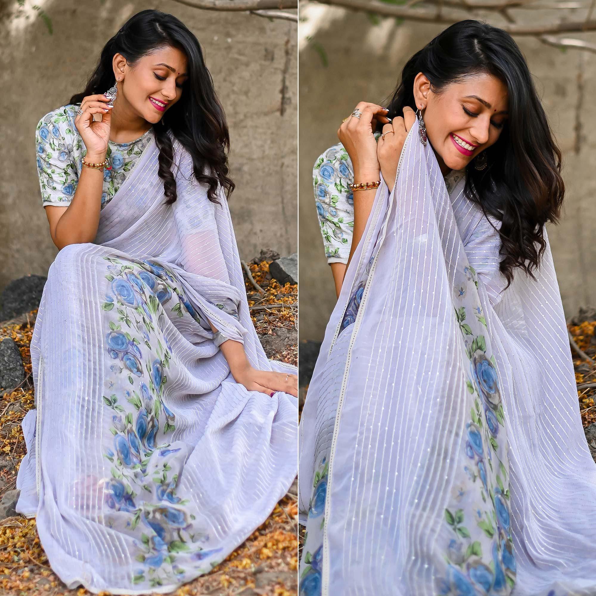 Peachmode Lavender Sequins Embroidered Art Silk Saree