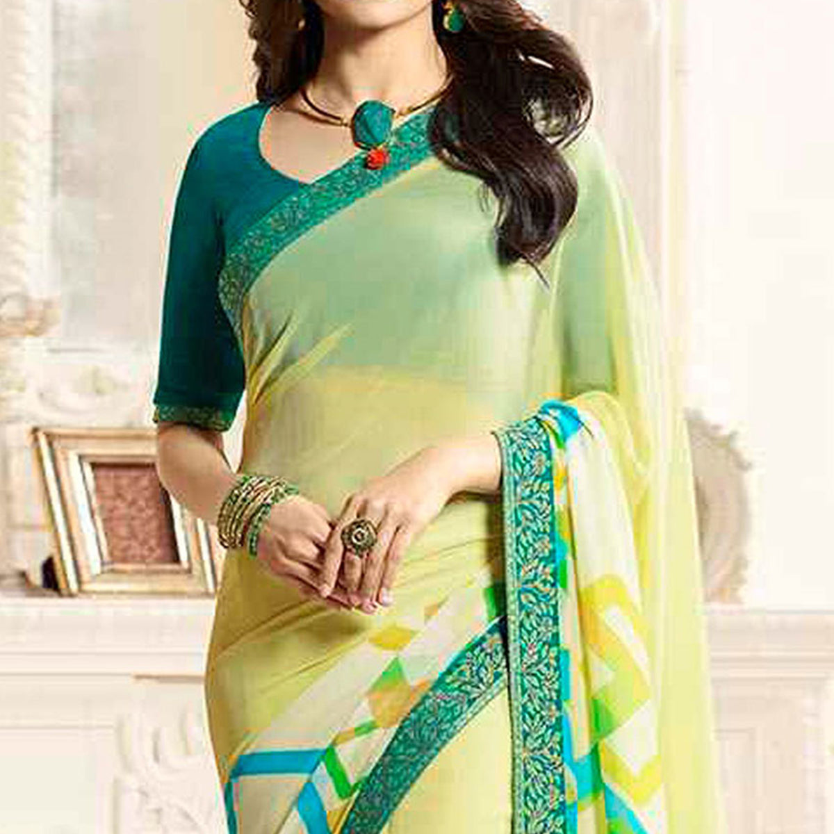 Peachmode Lemon Yellow Printed Georgette Saree With Lace Border - view 3