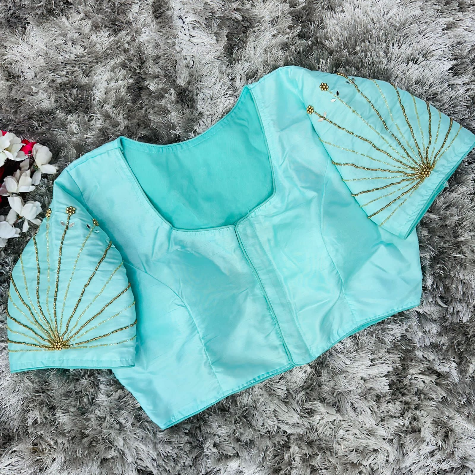 ClothsVilla Sky Blue Handcrafted tumtum silk Golden Blouse with Ambla Mirror Accents - view 2
