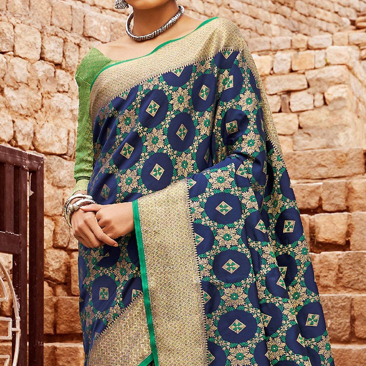 Peachmode Jazzy Navy Blue Colored Festive Wear Woven Silk Saree - view 2