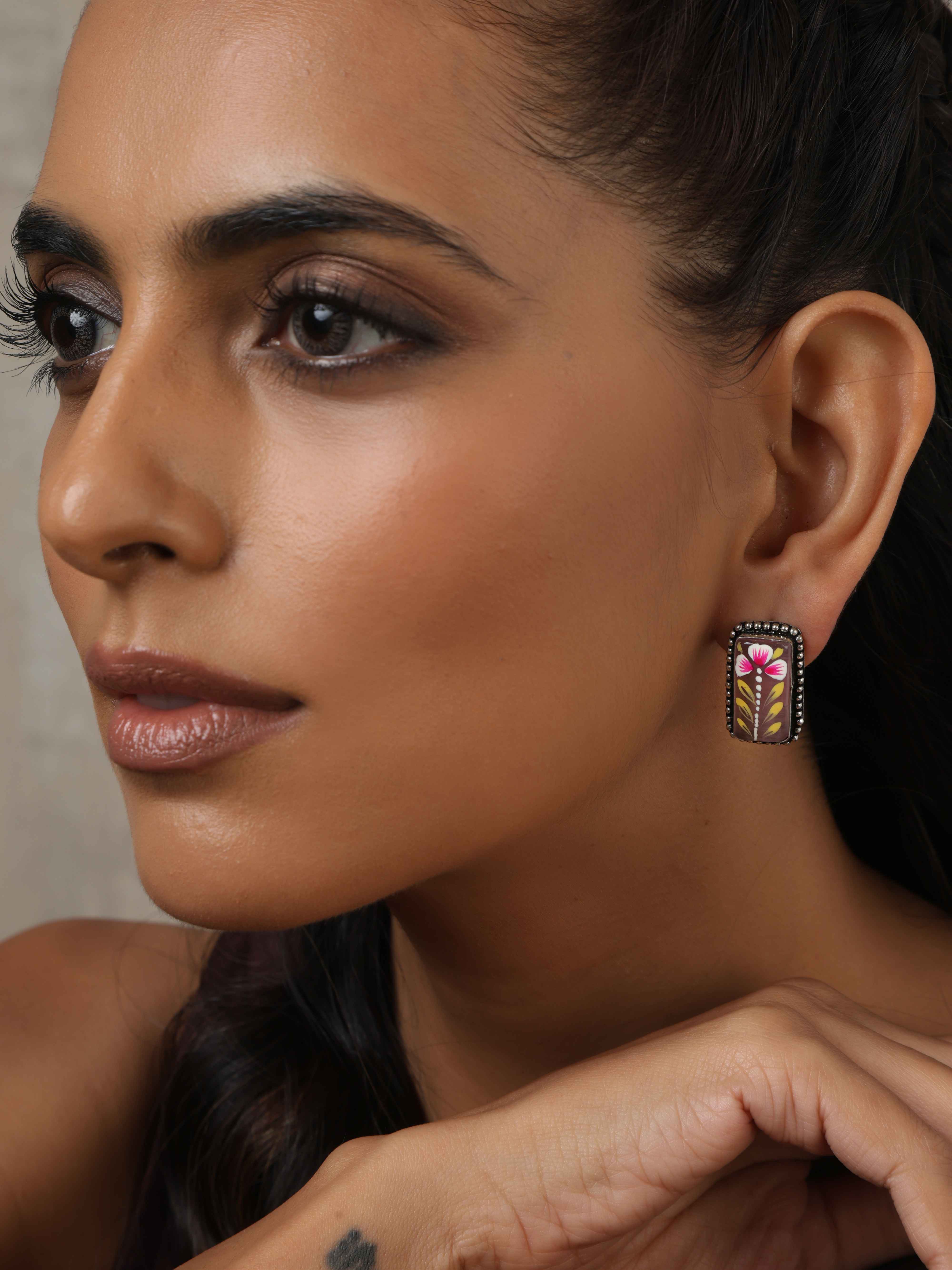 trueBrowns Silver Tone Handpainted Stud Earrings - view 2