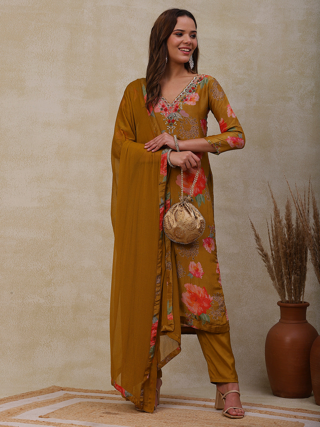 Fashor Floral Printed Zardozi Embroidered shimmer Kurta with Pants & Dupatta - Mustard - view 3