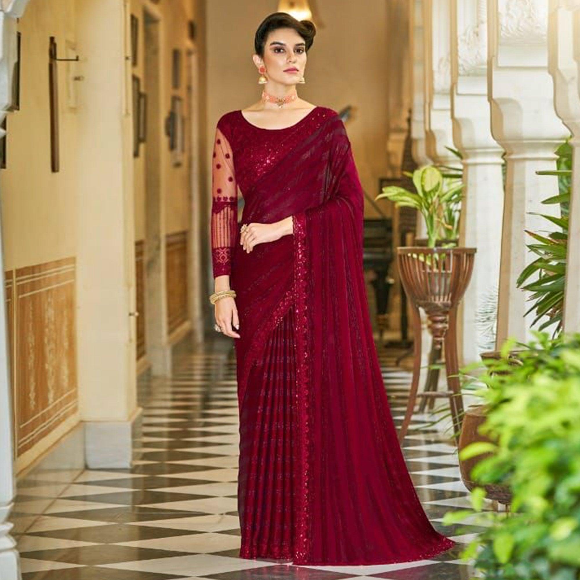 Peachmode Maroon Zari Striped Art Silk Saree – Women's